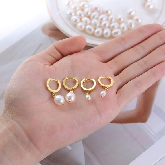 Pearl Drop Earrings Gold Plated Huggie Hoops 10mm Elegant Jewelry for Women - Picture 7 of 9